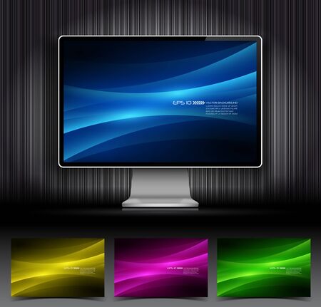Vector digital LCD monitor and four abstract backgroundsのイラスト素材