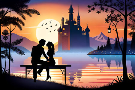 Silhouette of romantic couple sitting on a bench by the lakeの素材