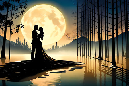 Silhouette of a loving couple in the forest at full moonの素材