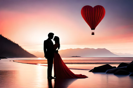 Romantic couple in love on the beach with hot air balloon.の素材