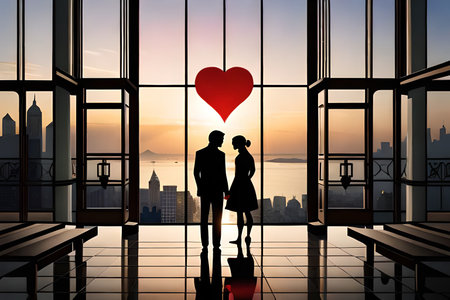 Couple in love with red heart in a room with panoramic windowsの素材