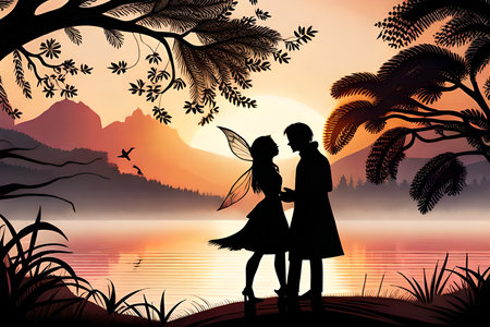 Silhouette of bride and groom in love on nature background.の素材