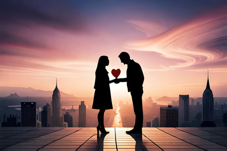 Silhouette of a loving couple holding hands on the city backgroundの素材