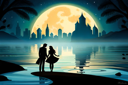couple in love on the background of the night city and the full moonの素材