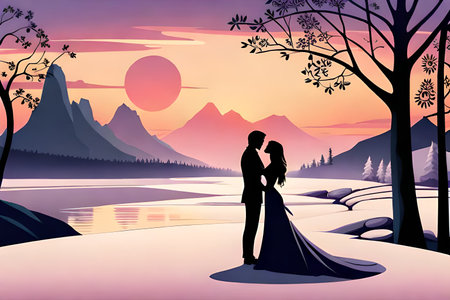 Wedding couple in the mountains at sunset. Vector illustration.の素材