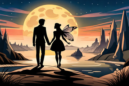 Silhouette of romantic couple on the beach at night vector illustrationの素材