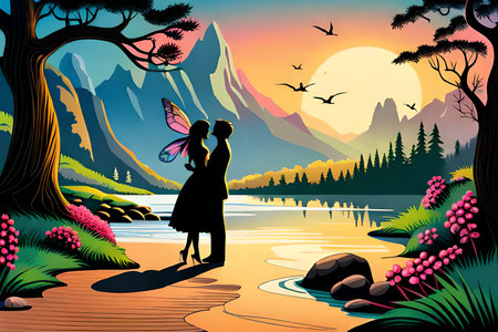 Wedding couple in the mountains by the lake. Vector illustrationの素材