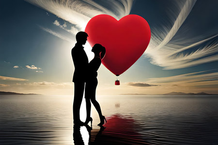 Silhouette of a loving couple in love with heart shaped balloonの素材