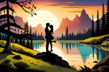 silhouette of a couple at sunset in the mountains, vector illustrationの素材