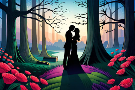 Wedding couple in love in the forest. Vector illustration.の素材