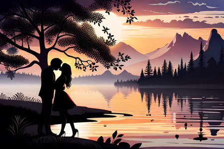 Vector illustration of romantic couple in love on the lake at sunset.の素材