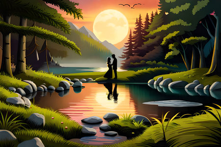 Beautiful couple in the forest at sunset. Vector Illustration.の素材