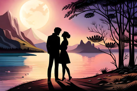 couple in love on the lake at sunset, vector art illustrationの素材