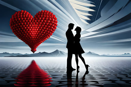 Couple in love with red heart on the background of the cityの素材