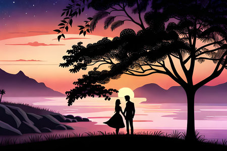 couple in love on the beach at sunset, vector art illustrationの素材