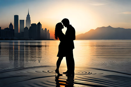 Silhouette of a loving couple on the background of the city.の素材