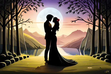 Wedding couple in the forest at sunset. Vector illustration.の素材