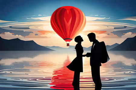 Businessman and businesswoman in a hot air balloon over the lakeの素材