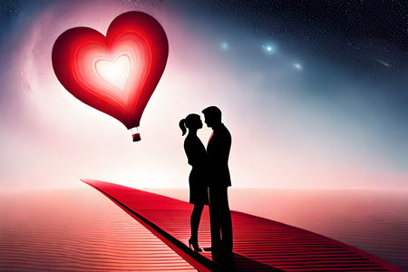 Couple in love looking at heart shaped balloon on the sky backgroundの素材