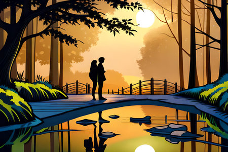 Vector illustration of couple in love in the park at sunset. Romantic sceneの素材