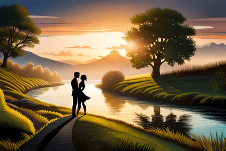Couple in love on the sunset background, vector art illustration.の素材