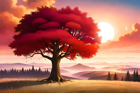 Autumn landscape with tree and mountains at sunset. Vector illustration.の素材
