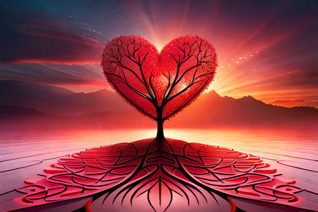 Valentine's day background with heart shape tree and sunset skyの素材