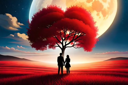 Couple in love with big tree and full moon. Vector illustrationの素材