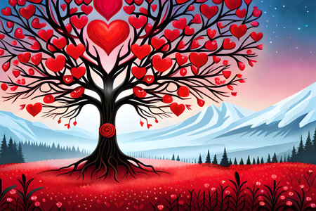 Valentine's Day background with heart tree and mountains. Vector illustration.の素材
