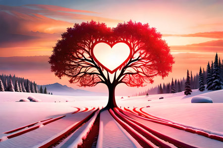 Valentine's day background with heart-shaped tree in winter landscapeの素材