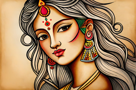 Illustration of a beautiful Indian woman with red lips and hair.の素材