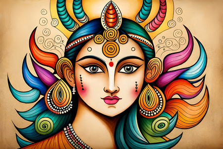 Hindu Goddess Durga with colorful ornament. Colorful illustration.の素材