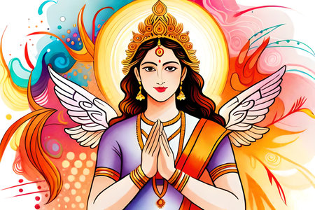 Indian Goddess Durga with her hands clasped in prayer. Vector illustration.の素材