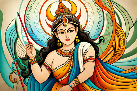 Indian Goddess Durga with colorful background for Happy Dussehra festival of Indiaの素材
