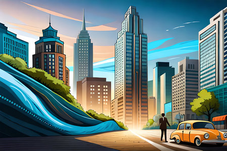 Vector illustration of a cityscape with a man driving a car.の素材