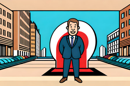 Cartoon illustration of a man standing in front of a big target.の素材