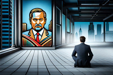 Businessman looking at cityscape with businessman in front of the doorの素材