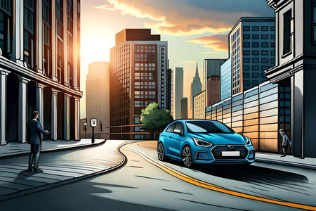 Businessman and car on a city street at sunset. 3D renderingの素材