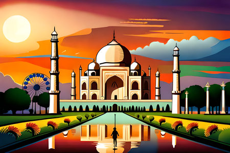 Taj Mahal in Agra India at sunset. Vector illustrationの素材