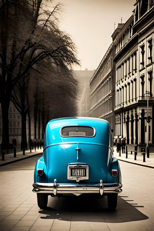 Classic blue old american car in the city. Toned.の素材