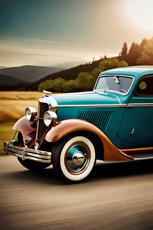 Vintage car on the road. 3d rendering toned imageの素材