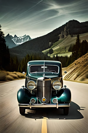 Vintage car on the road in the mountains. 3d renderingの素材