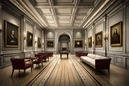 3D rendering of the interior of an old building in the style of the 19th centuryの素材