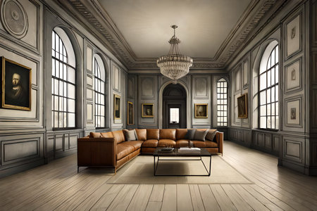 Luxury interior of a room with a leather sofa and a large windowの素材
