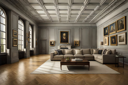 Classic interior of living room with sofa, armchair and paintings. 3d renderの素材