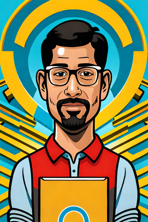 Portrait of a man with a laptop in his hands. Vector illustration.の素材