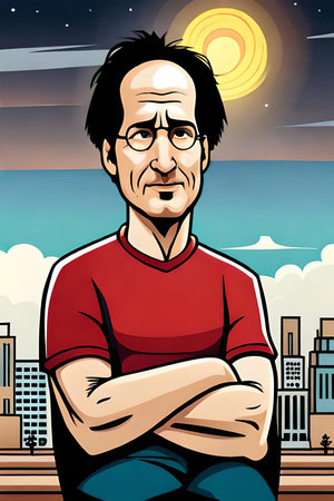 Portrait of a man on the background of the city. Vector illustration.の素材