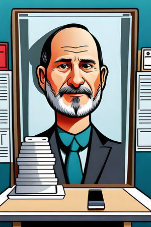 Vector illustration of an old man sitting at his desk in his office.の素材