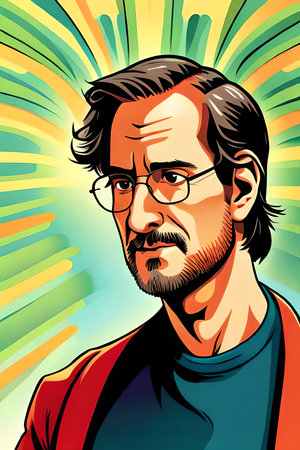 Portrait of a man with glasses on a colorful background. Vector illustration.の素材