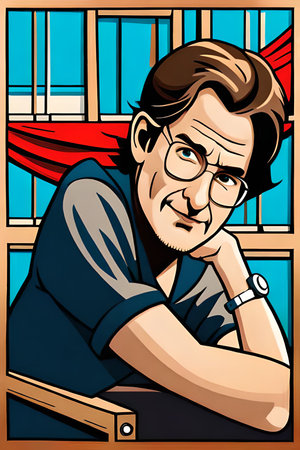 Cartoon illustration of a man in a blue t-shirt.の素材